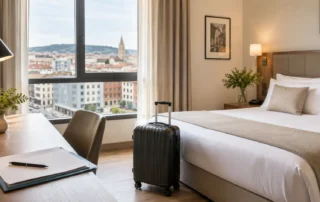 Habitación de hotel cómoda para alojarse cerca del HUCA en Oviedo durante una consulta o visita médica.