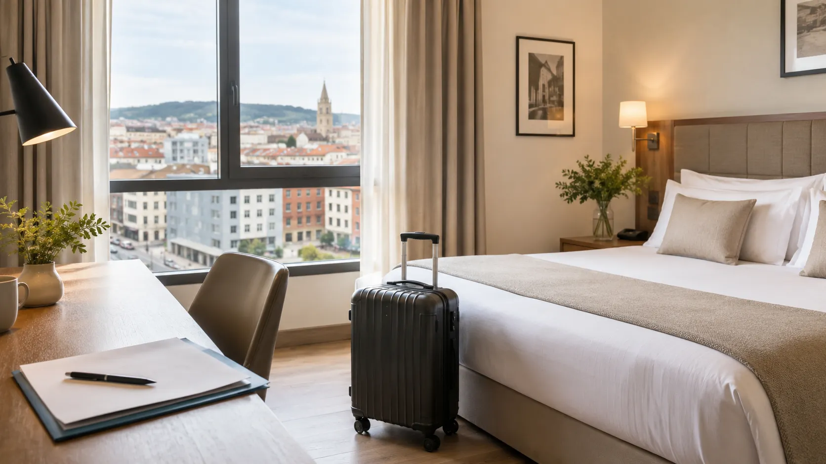 Habitación de hotel cómoda para alojarse cerca del HUCA en Oviedo durante una consulta o visita médica.