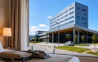 Habitación de hotel en Oviedo con vista al HUCA para planificar cómo llegar al hospital desde Hotel Castro Real.