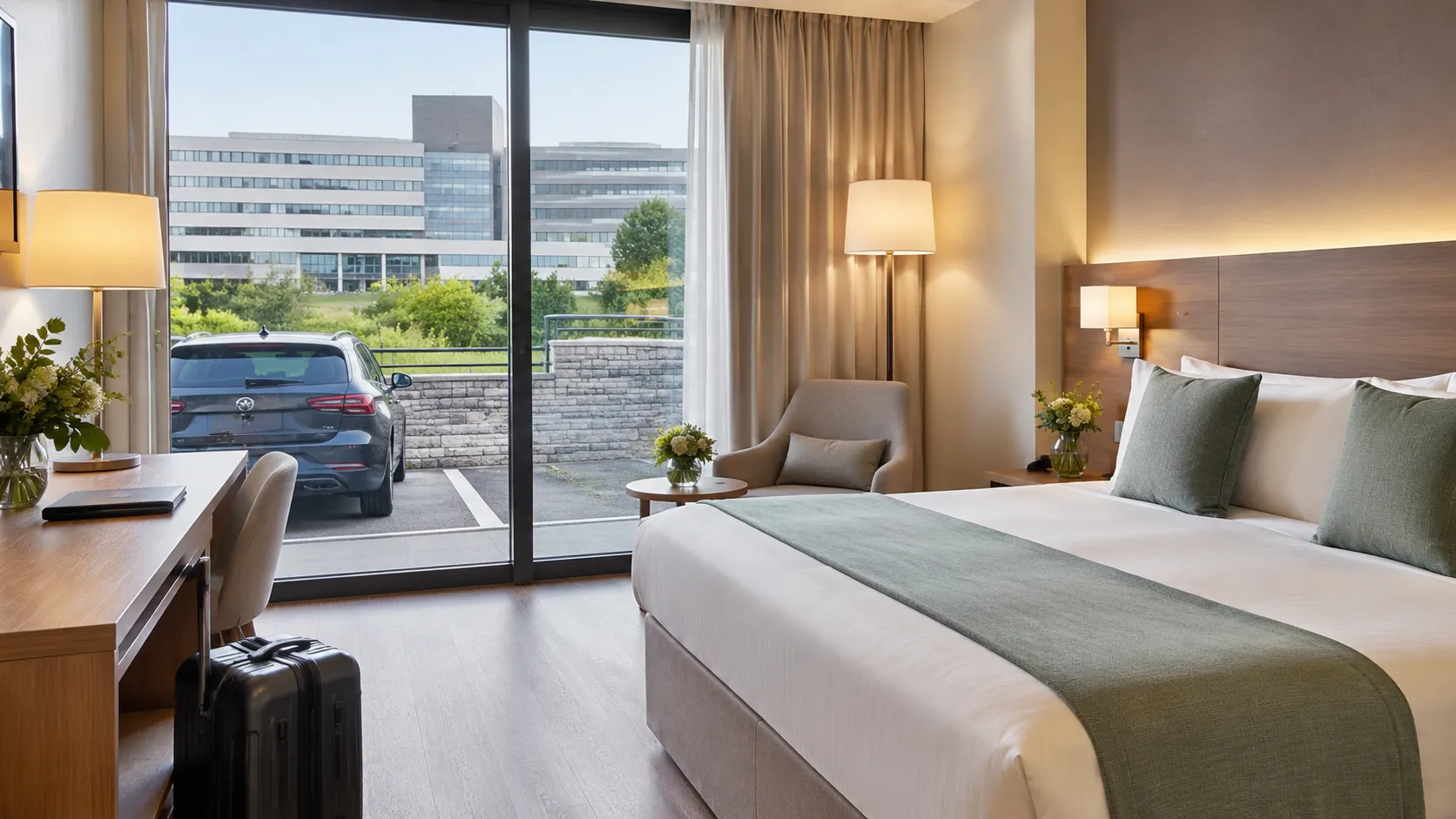 Habitación de hotel con parking cerca del HUCA en Oviedo para consulta médica o visita hospitalaria.