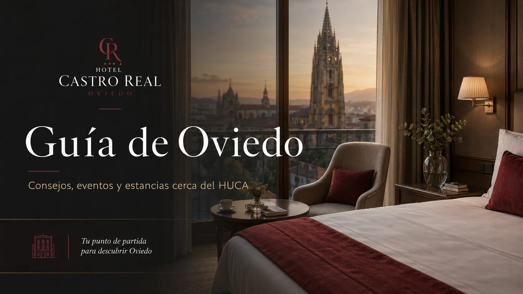Imagen destacada de la Guía de Oviedo del Hotel Castro Real con habitación de hotel, vista a la ciudad y consejos para estancias cerca del HUCA